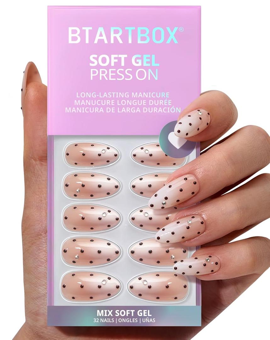 BTArtbox Press On Nails Almond - Gala Polka, 3D Polka Dot Ombre Medium Press On Nails with Glue and Adhesive Tabs for Women in 16 Sizes - 32 Soft Gel Glue On Nails Kit