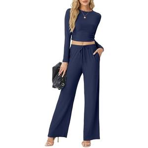 FREEOAK Women's Two Piece Outfits Lounge Sets Long Sleeve Ruched Top & Wide Leg High Waist Pants with pockets Size XL