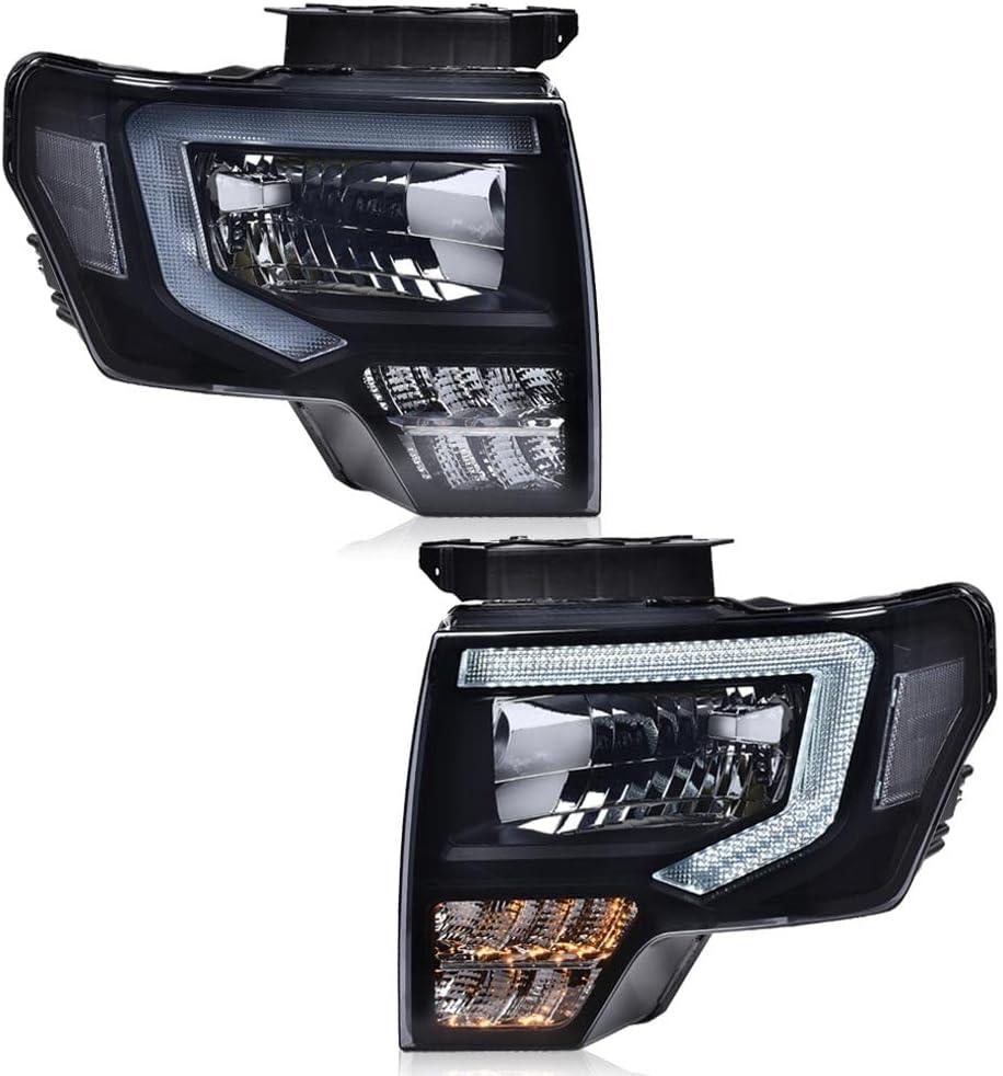 PIT66 LED DRL Headlights Assembly Compatible with Ford F150 2009 2010 2011 2012 2013 2014 Driver & Passenger Headlamp Smoke lens Black Housing Clear Reflector