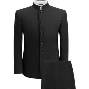 2 Piece Men's Chinese Suit Chinese Stand Collar Slim Fit Suits Front Button Blazer Pant Set (3X-Large, Black)