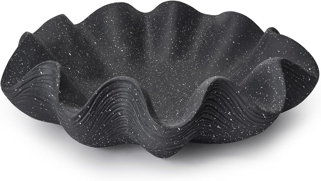 Scalloped Decorative Bowl Home Decor - 12.6" Modern Handicraft Large Shell Ruffle Decorative Fruit Bowl for Kitchen Counter, Chic Key Tray for Entryway Table, Starry Black