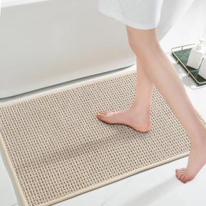Bathroom Rug Beige Bath Mat: 17x24 Chenille Non Slip Washable Absorbent Bathmat Small Soft Thin Quick Dry Shower Carpet for Bathroom Floor Tub and Restroom
