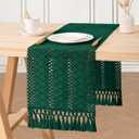 Macrame Table Runner 12 x 48 Inches Boho Farmhouse Table Runner with Tassels Cotton Linen Woven Table Runner for Spring Dining Table Home Decor, Emerald Green