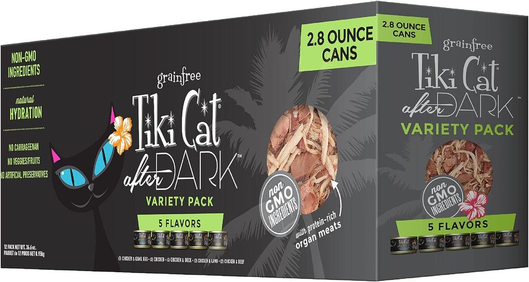 Tiki Cat After Dark, Variety Pack, High-Protein and 100% Non-GMO Ingredients, Wet Cat Food for Adult Cats, 2.8 oz. Cans (Pack of 12)