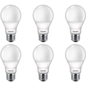 Philips LED Flicker-Free Frosted A19 Light Bulb, Dimmable Warm Glow Effect, 800 Lumen, 2700-2200K, 8.8W=60W, E26 Base, 6-Pack