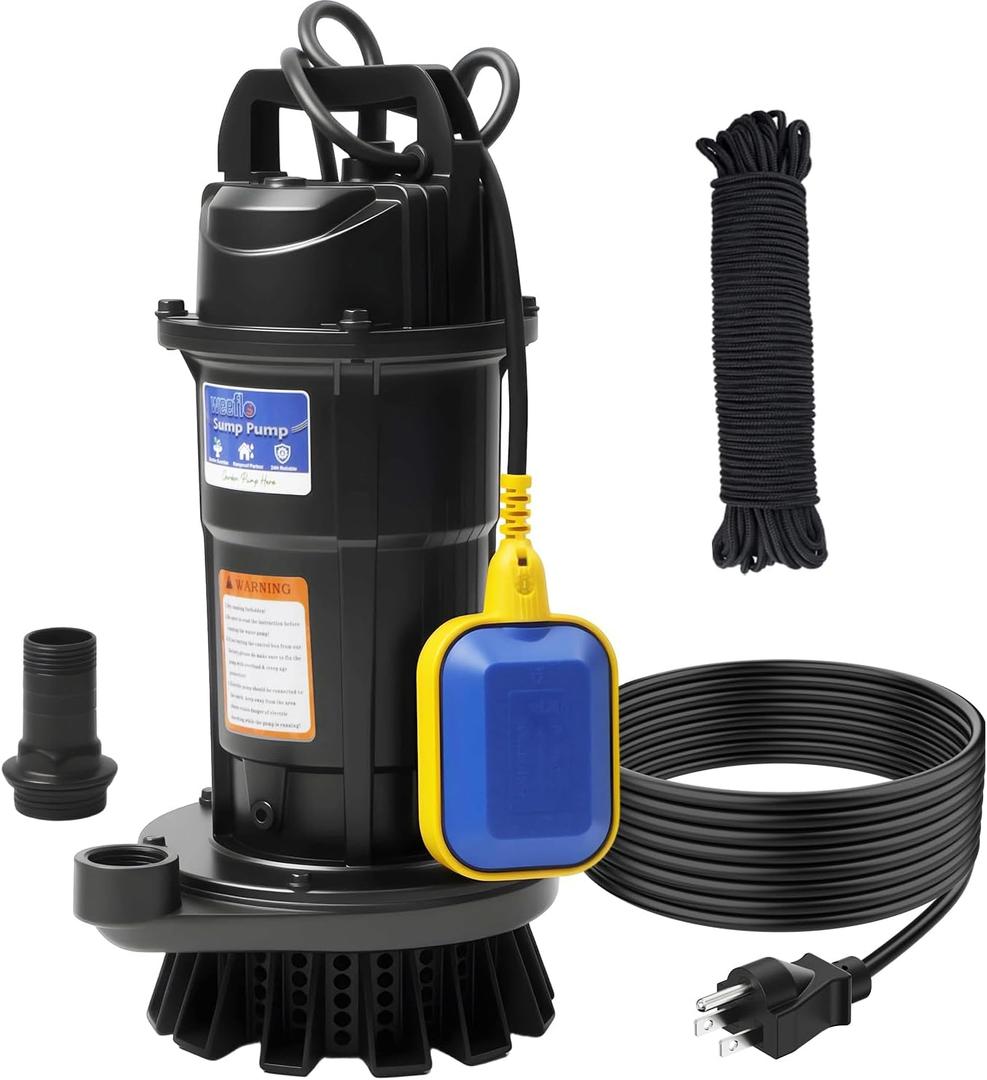 1.6HP Submersible Sump Pump, Automatic ON/OFF, 6300 GPH High Flow, 36ft Max Head, for Dirty Water Removal, Flooded Basement, Swimming Pool Cover, Hot Tubs, Lightweight Aluminum (1.6HP/36FT)