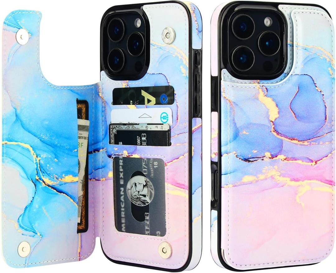 HAOPINSH for iPhone 16 Pro Max Wallet Case with Card Holder, Pink Blue Marble Pattern Back Flip Folio PU Leather Kickstand Card Slots Case for Women Girls, Double Magnetic Clasp Shockproof Cover 6.9"