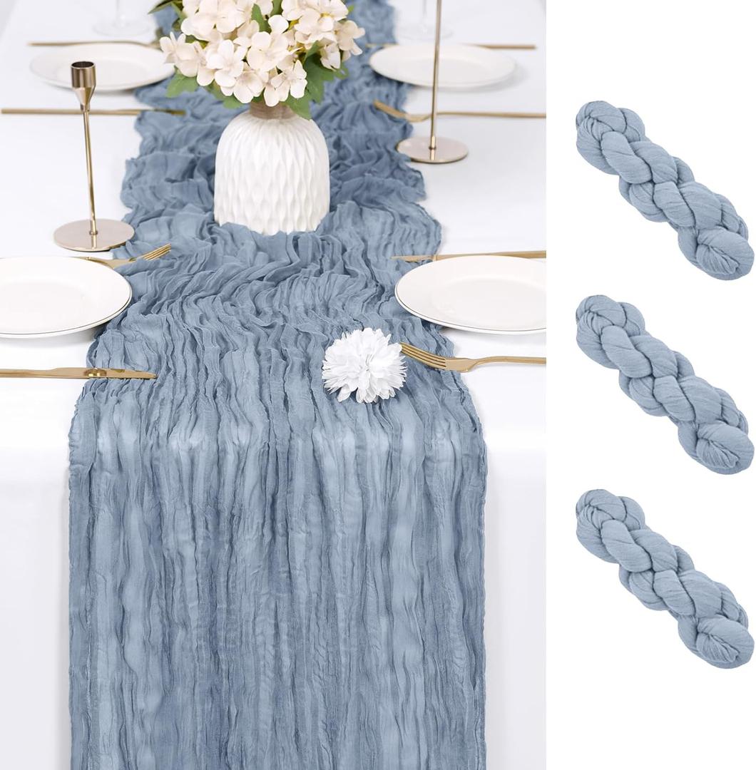 3 Pack Dusty Blue Cheesecloth Table Runner 17x108 Inch Semi Sheer Boho Gauze Cheese Cloth Fabric Table Runners Table Decor for Wedding Party Baby Shower Birthday Home Decor Garden Farmhouse