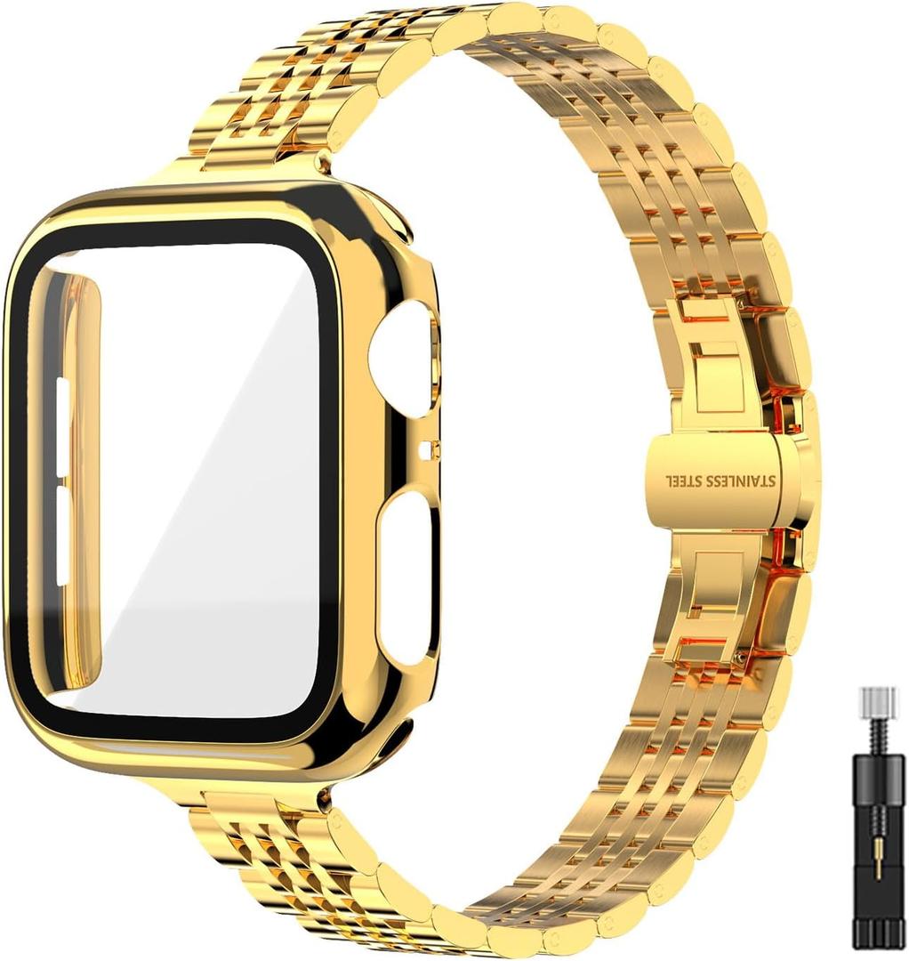 Thin Women Band Compatible with Apple Watch 41mmm with Face Cover, Stainless Steel for Metal iwatch Band Series 9 8 7 6 5 4 3 2 1 SE. (Gold) 