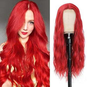 Red Wig - Long Red Wavy Wigs for Women Middle Part Red Wig 26 inch Natural Curly Synthetic Wig Heat Resistant Fiber Wigs for Daily Party Use