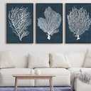 Large Framed Coral Wall Art - Navy Blue Coastal Wall Decor Painting 16"x24" Set of 3 Minimalist Beach Wall Art Prints Rustic Ocean Coral Canvas Pictures for Living Room Bedroom Office Artwork, 16"x24"x3 Framed
