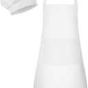 Kids Apron and Chef Hat Set Children Apron Adjustable with 2 Pockets Children Chef Painting for Cooking Baking (White)