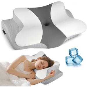 Cervical Neck Pillow for Pain Relief - Ergonomic Side Sleeper Pillow for Neck Support, Cooling Cervical Pillow for Sleeping, Contour Orthopedic Memory Foam Pillows for Back Stomach Sleepers (Dark Grey & White)