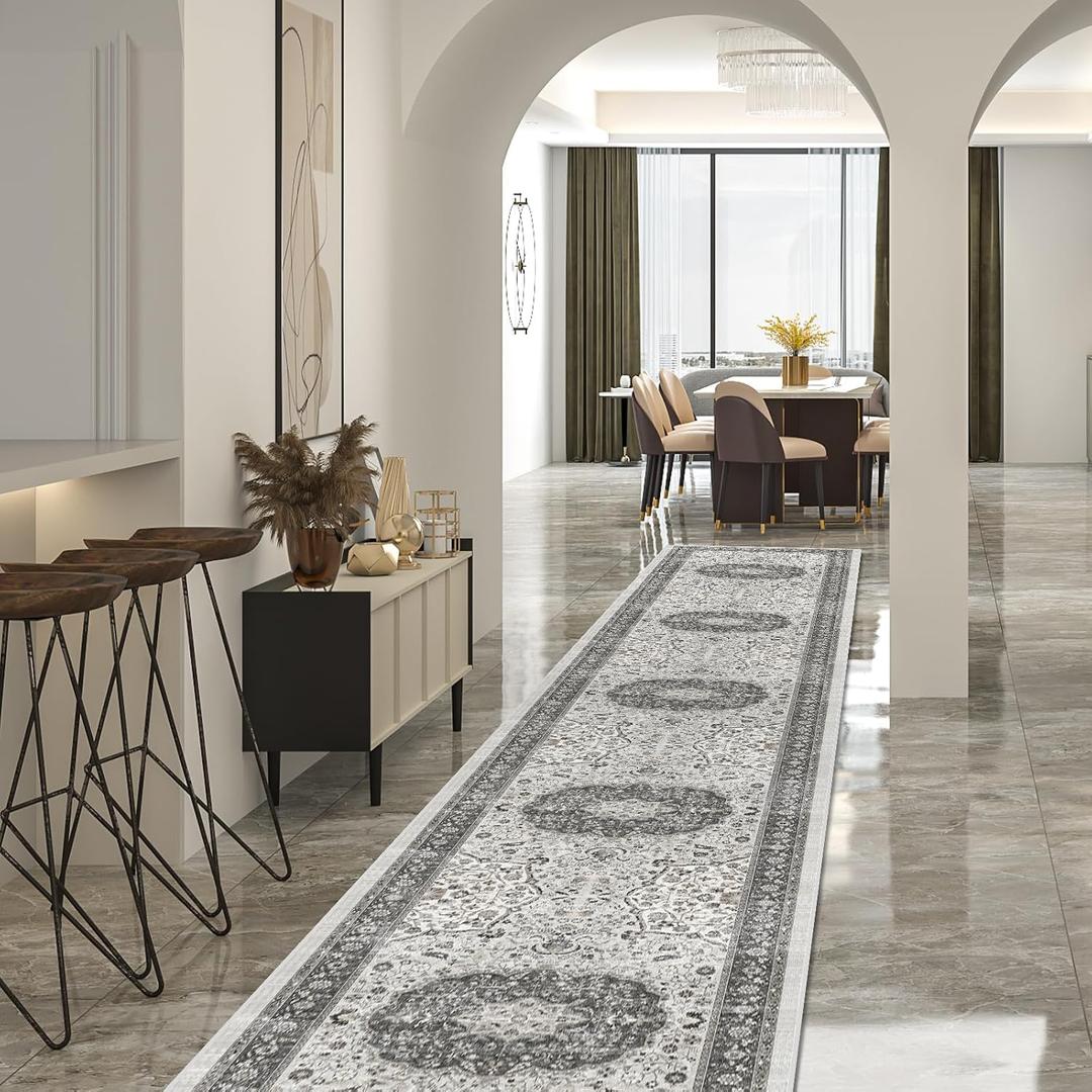 Hallway Washable Runner Rug - 2'6x14 Kitchen Rugs Entryway Rug Runner Vintage Soft Floor Mat Non Slip Indoor Farmhouse Carpet for Bathroom Living Room Bedroom (2'6''x14', Grey)