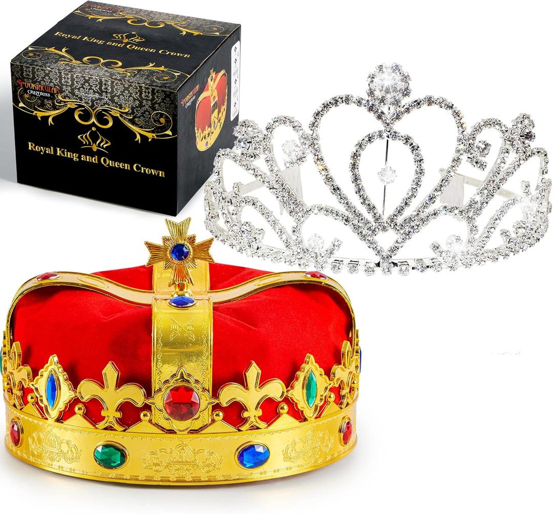 JOYIN 2 Pack Royal Crowns, Halloween Party Costume Accessories, King's and Queen's Crowns for Kids and Audults
