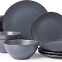 Famiware Venus Plates and Bowls Sets, 24 Pieces Stoneware Speckled Dishes Dinnerware Set for 8, Matte Charcoal - Microwave & Dishwasher Safe, Modern Minimalist, for Everyday Meals & Formal Dining