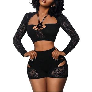 Milumia Women's 2 Piece Outfit Sexy Cut Out Sheer Mesh Crop Top Skinny Shorts Sets (Black) One Size