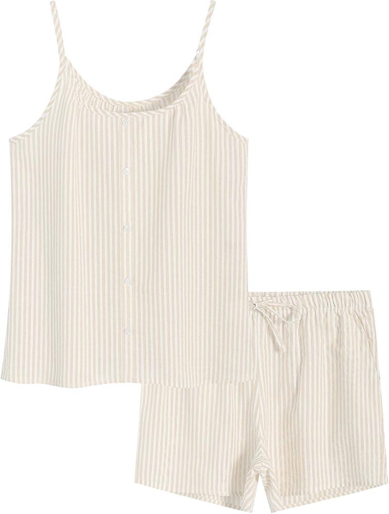 Latuza Women's Seersucker Pajamas Set Cotton Cami Top Shorts Pj Lounge Set S