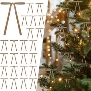 2 x 24 Pcs Velvet Bows Christmas Tree Ornaments Vintage Ribbon for Tree Garland Wreath Indoor Xmas Decorations (Khaki)