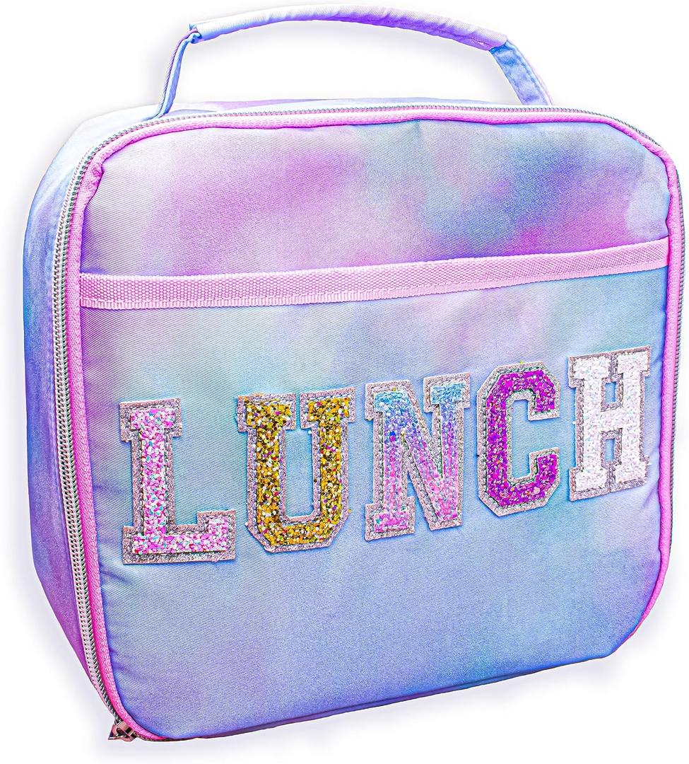 FROG SAC Kids Lunch Bag for Girls, Reusable Insulated Preppy Tie Dye Glitter Varsity Letter Patch Lunch Box for Kids, Cute Soft Back to School Tween Lunchbox, Christmas Girl Stocking Stuffers