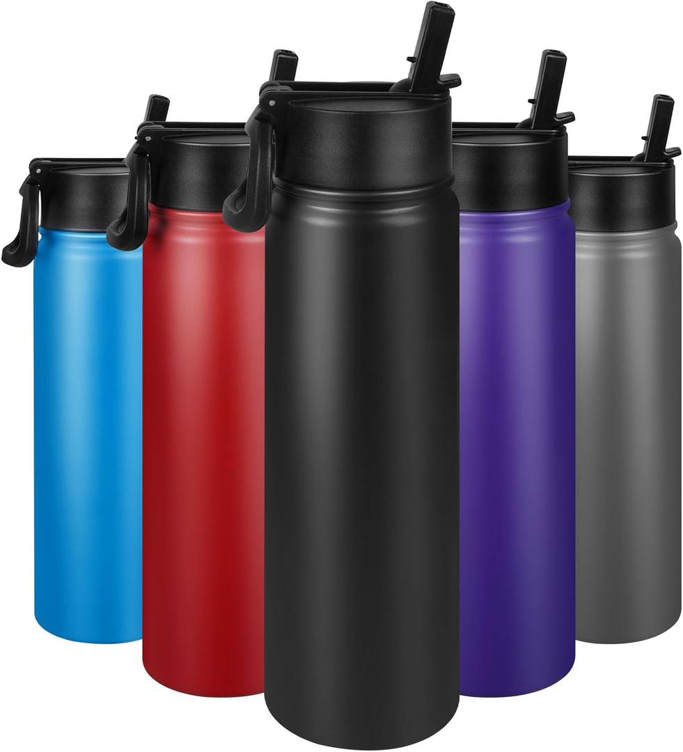 24 oz Insulated Water Bottle with Straw, Stainless Steel Double Wall Vacuum Thermos with Straw Lid Leak Proof, Wide Mouth Lid, Keep Cold and Hot…