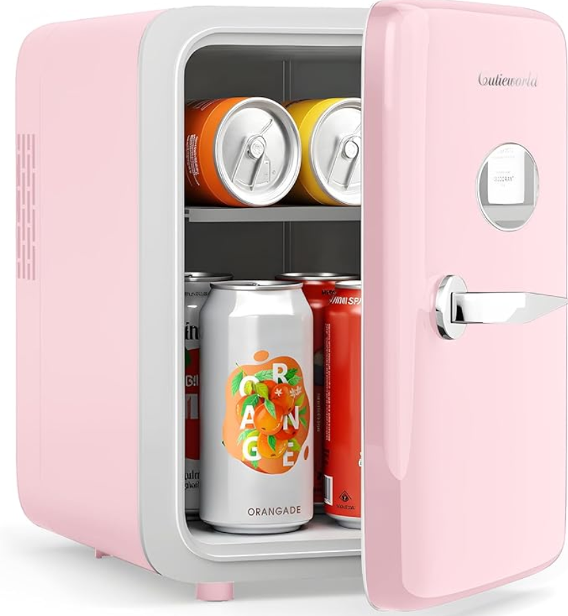 CUTIEWORLD Skincare Fridge with Dimmable LED Light Mirror, 4L Mini Fridge For Desktop, Travel or Cool & Heat, Makeup Fridge for Cosmetics, Skin Care and Food, Pink