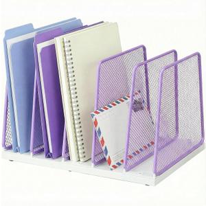 AUPSEN 5-Section File Organizer for Desk, Wood Mesh Desktop File Organizer, File Sorter Storage Rack, Vertical Folder Holder for Files, Magazines, Books (Purple)
