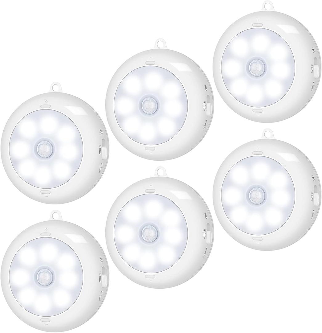 BLS Motion Sensor Light Indoor, Wireless LED Night Light, Under Cabinet Lighting, Battery Powered Puck Lights for Closet, Kitchen, Stairs, Wall, AA Battery Operated, Stick on, Dimmable, White, 6 Pack