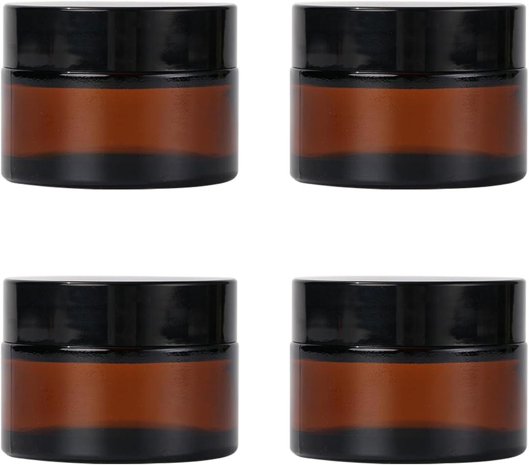 Amber Glass Jars with Lids, 4 Pack 1oz Small Glass Jars with Inner Liners, 30 ml Reusable Empty Round Cosmetic Container for Creams, Lotion, Cosmetic, Spice, Powder