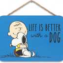 Peanuts Charlie Brown and Snoopy Life Is Better With a Dog Hanging Wood Wall Decor - Cute Snoopy Sign for Home (Blue/White)