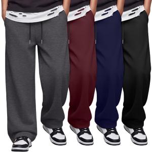 4 Pack Boys Baggy Sweatpants Kids Lightweight Pants Youth Elastic Waist Drawstring Open Bottom Joggers with Pockets (11-12 Years, Black, Wine Red, Navy Blue, Dark Mixed Gray)
