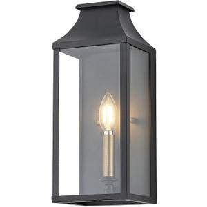 14" Small Classic Outdoor Wall Lantern Light for House Exterior,Handcrafted Satin Black Metal Cage Mounted Pocket Wall Sconce W/Clear Tempered Glass,Waterproof for Porch, Patio, Garage&Front Door E12