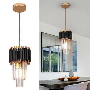 Kaniker Crystal Chandelier Gold Pendant Light Fixtures Modern Crystal Pendant Light for Kitchen Island D7.5'' Black and Gold Chandelier for Dining Room Bedroom Living Room Hanging Light with a Bulb, D19-Black