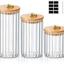 Gerrii 3 Pcs Glass Storage Jars Decorative Coffee Bar Container Kitchen Glass Canister with Airtight Bamboo Lid Metal Ring, Black Labels and Whiteboard Marker for Storage Sugar Candy (19, 29, 39 oz)