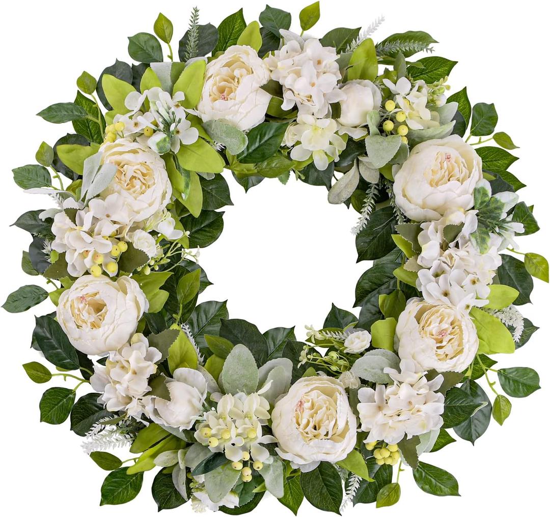 TechKen Peony Spring Wreaths for Front Door Outside 22-24 inch Handmade Artificial Blooming Flower Wreath for Indoor Outdoor Wall Window Decorations Door Wreath