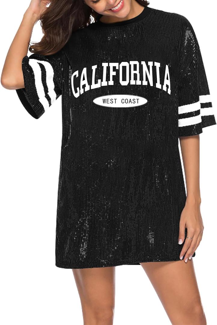 PORRCEY Juniors Short Sleeve Sequin Funny Dress Shirts (Black, Large)