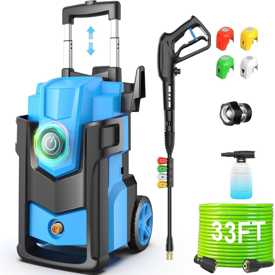 Pressure Cleaner, 5000 PSI 4.0 GPM Heavy Duty Power Cleaner, with 4 Nozzles,Foam Cannon,33FT Hose Reel and 500ml Soap Bottle for Home/Cars(Light Blue)