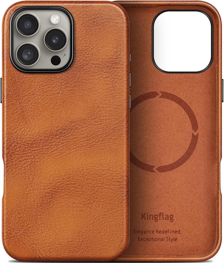 Genuine Leather Case for iPhone 16 Pro Max 6.9 inch, Oil Wax Top-Grain Leather, Compatible with MagSafe, Metal Buttons and Camera Bezel (Tan)