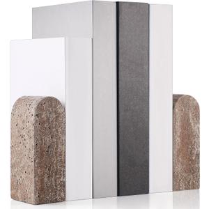 CroBlissful 2 Pcs Travertine Natural Marble Bookends for Shelves, Decorative Book Ends Solid Bookends Heavy Duty Book Holders, Bookshelf Decor for Home Study Bathroom Kitchen Cd Video Games (Grey)