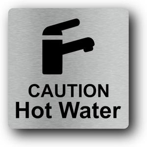 Metallic Silver "Caution Hot Water" Sign  UV Printed Aluminum Safety Warning for Indoor & Outdoor Use, Self-Adhesive Peel & Stick Installation, 145mm x 145mm (Medium)