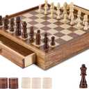 VEVOR Solid Wood Chess Set, 15 inch 2-in-1 Chess Checkers Game Set, Chess Board Games with Storage Drawer & Weighted Chess Checkers Pieces & 2 Queens, Christmas Crafts Xmas Gift (Brown)