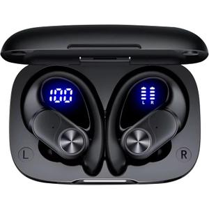 Wireless Bluetooth Sports Earbuds - Over-Ear Hook Headphones with LED Display - Touch Control & Voice Assistant - Wireless Charging Case for Running - Gym - Workout (Black)
