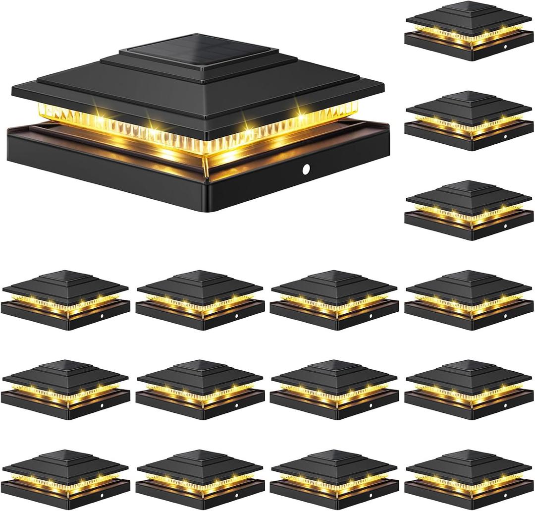 APONUO Solar Post Cap Lights 16-Pack, Black IP64 Waterproof 16 LED Fence Post Solar Lights for 4x4 5x5 6x6 Wood/Vinyl Posts, 2-Mode Deck Post Lights Solar Powered, 10-Hr Lighting for Patio Yard Porch