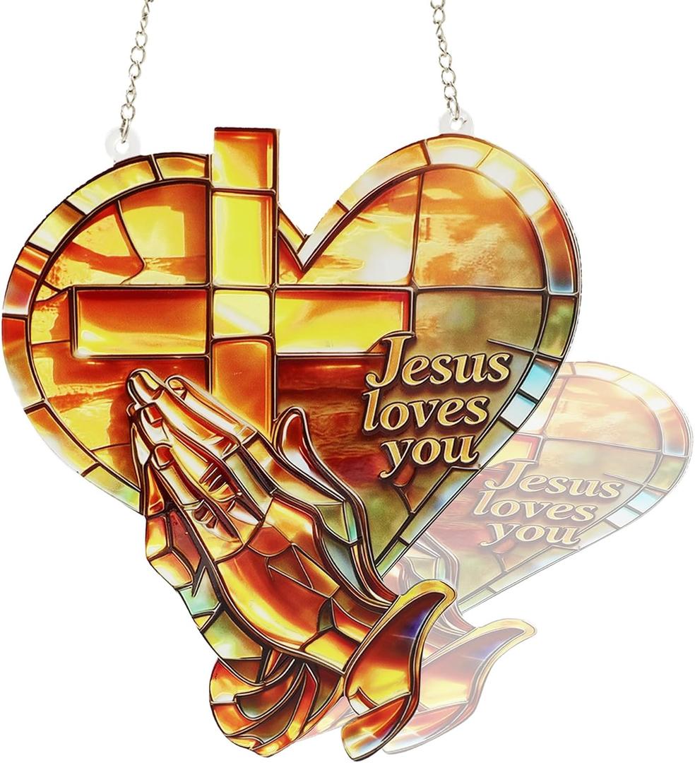 Christian Suncatcher Stained Glass, Christian Suncatcher for Women, Cross Suncatchers for Windows Hanging (Heart Shape)