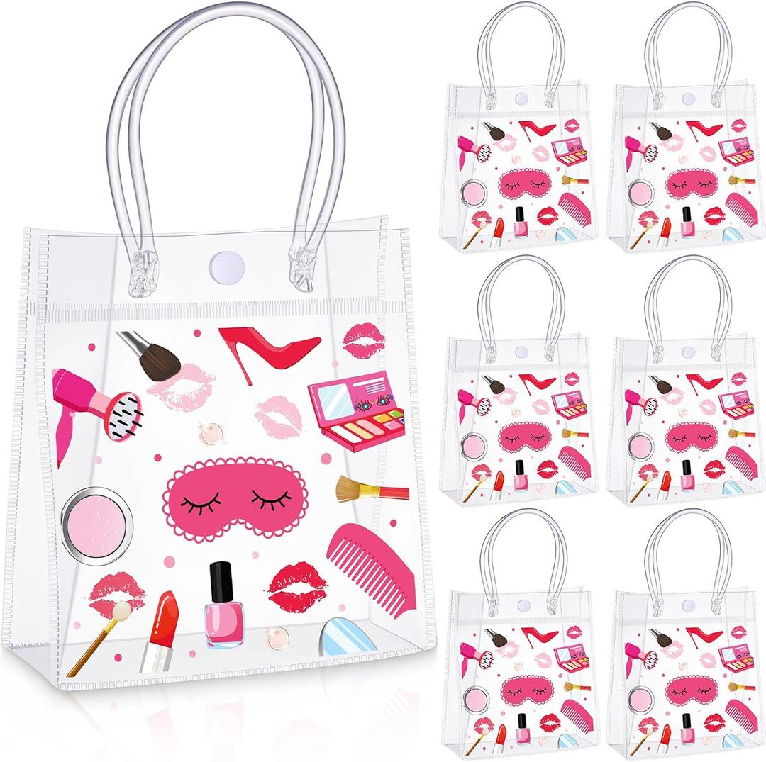 Kolldenn 24 Pcs Spa Makeup Birthday Party Goody Treat Favor Clear Gift Bags 5.9 x 2.8 x 6.3 Inches Cosmetics Party PVC Gift Bags Spa Theme Decorations Makeup Birthday Supplies