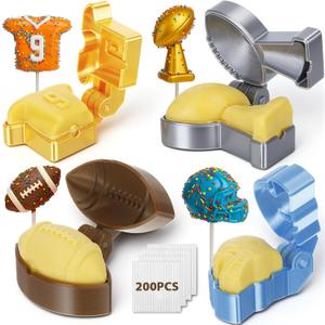 4 Pcs Football Cake Pop Mold Set, Rugby Shaped Cake Pop Cutter and Pusher with 200 Sticks, Jersey & Helmet & Trophies & Football Molds, 2026 New 3D Baking Tools for Sport Themed Game, Party