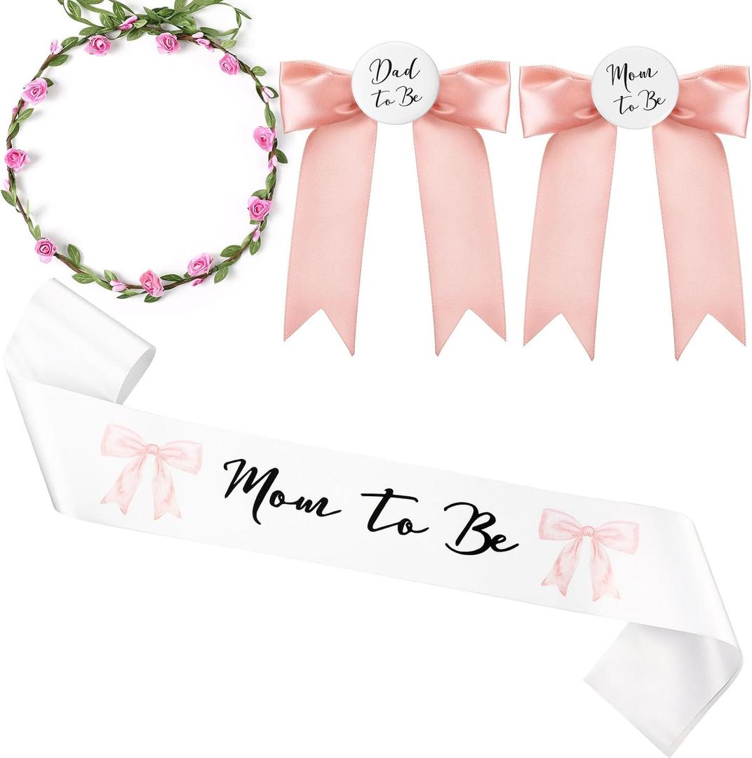 Xinnun 4 Pieces Mom to Be Sash Baby Shower Decoration Pink Bow Themed Sash for Mommy and Dad Corsage Pin with Sage Green Leaf Flowers Crown for Baby Shower Party Favors Gender Reveal (Pink)