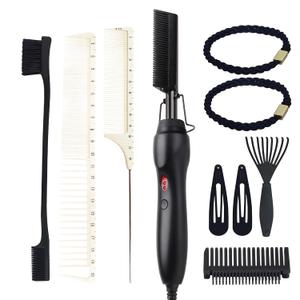 Electric Hot Comb Hair Straightener Heat Pressing Comb Curling Flat Iron Curler Hair Straightener Brush for Natural Black,Anti-Scald Beard Straightening Electric Press Comb (Black-3-Gear)