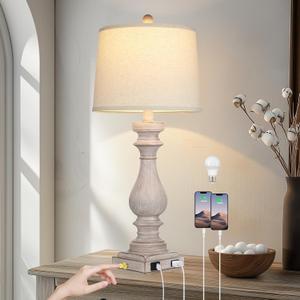 Rinweey 29" Farmhouse Table Lamp for Living Room,Vintage Bedside Lamp with USB C+A Ports & AC Outlet,3-Way Dimmable Touch Control Gray Washed Finish Nightstand for Bedroom, Single Gray