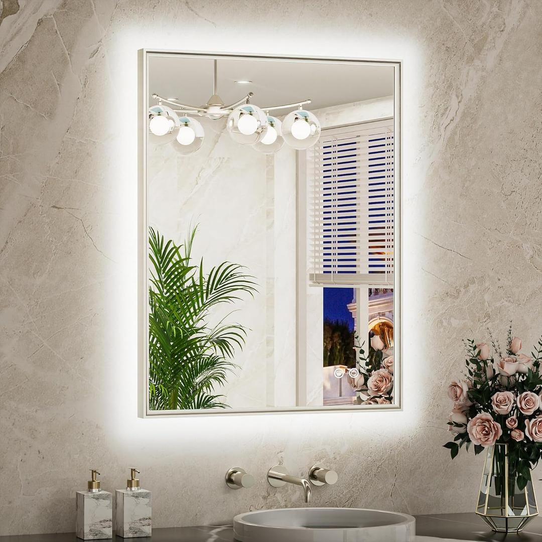 TETOTE 24 x 32 Backlit Bathroom Mirror Brushed Nickel Metal Frame LED Light Vanity 3-Color White/Warm/Natural Stepless Dimmable Anti-Fog Backlight Mirror Wall-Mounted